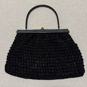 Amazing Condition Vintage Hand Bag-Black Cello Weave Exterior-Lucite Trim/Handle